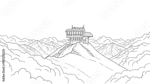 Mountain observatory in the clouds: detailed line art of futuristic structure on peaks