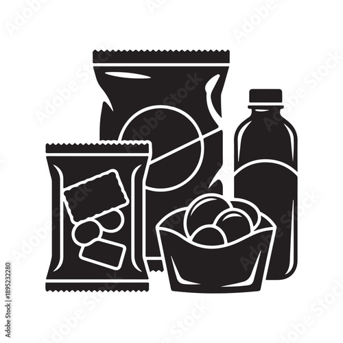 A black and white illustration of various food and drink packaging