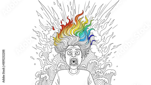 Surprised expression with vibrant hair color exploding in abstract line art style