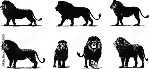 Silhouette of lion family walking and standing in black and white minimalist art style illustration vector
