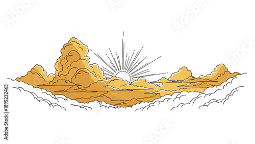 Golden sunrise over clouds in detailed line art style