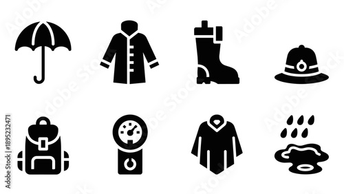 Monochrome rain gear icons: umbrella, boots, poncho, and more for weather safety