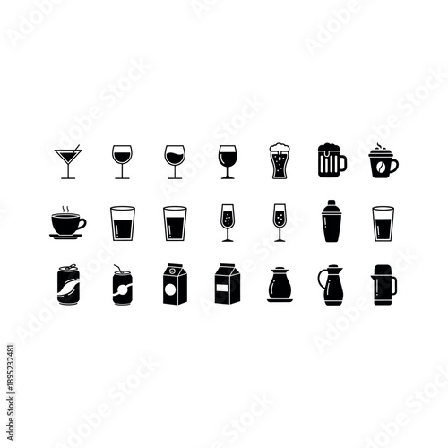 Collection of various beverage icons including drinks, coffee, and containers in a grid layout illustration