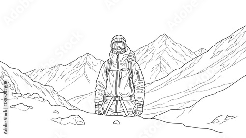 Adventurer in snowy mountain landscape outline drawing for winter exploration themes