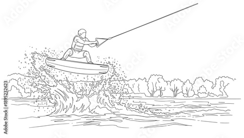 Wakeboarder in action on lake with scenic background in linear style