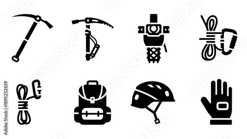 Silhouette icons of climbing gear: tools, helmet, gloves, and more