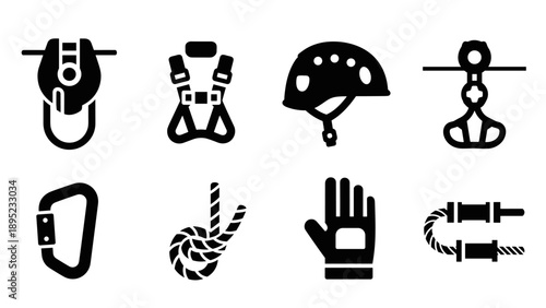 Silhouette icons of climbing gear and safety equipment set