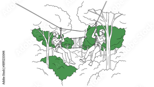 Adventurers zip lining through lush forest in minimalist line art drawing