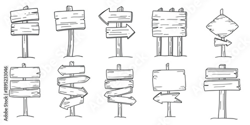 Hand-drawn doodle set of wooden road signs on a white background.