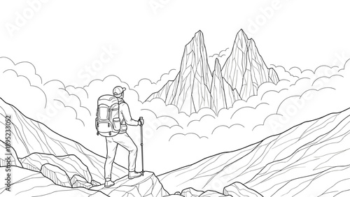 Adventurer exploring mountain peaks in minimalist black and white line art