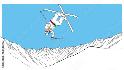 Freestyle skiing adventure in the mountains: dynamic action in minimalist style