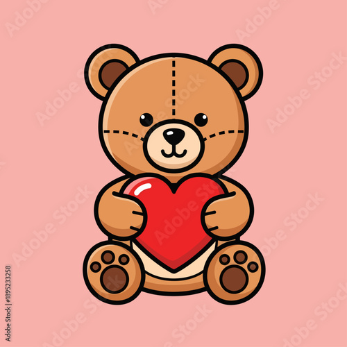 Valentines day cartoon teddy bear with heart suitable for greeting cards, social media posts, gift tags, web designs.