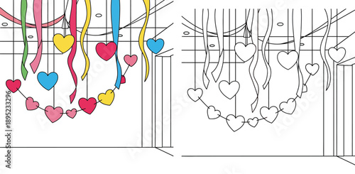 Hanging Heart Decorations and Ribbons for Party with Coloring Book Page Outline Vector Illustration