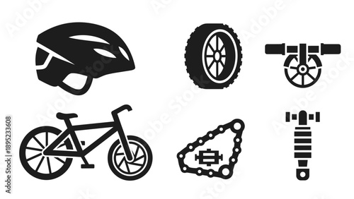 Cycling essentials silhouette: helmet, mountain bike, gear, and suspension icons