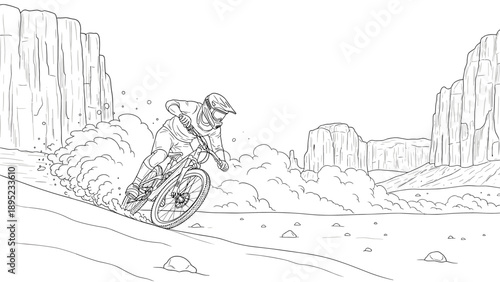 Mountain biking adventure in desert landscape outline drawing