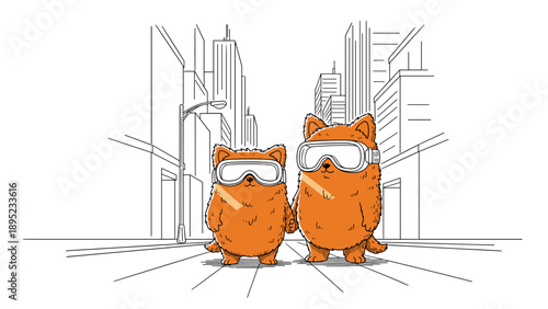 Cute cats in goggles exploring futuristic cityscape in line art style