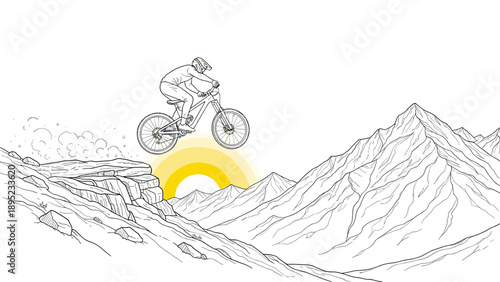 Mountain adventure: cyclist on rocky terrain with sunlit mountains in the background