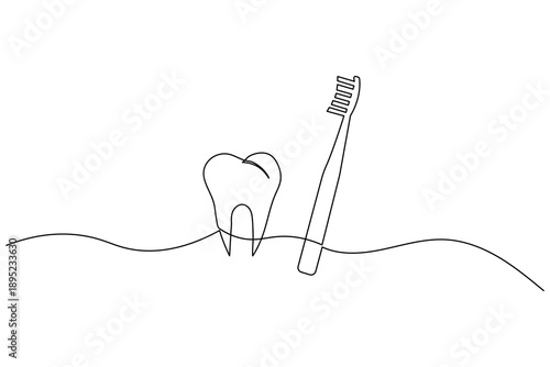 Minimalist continuous one line drawing of a molar tooth and toothbrush. Perfect for dental clinic branding, oral hygiene concepts, and modern healthcare designs.