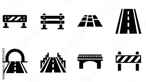 Collection of road infrastructure icons in silhouette style