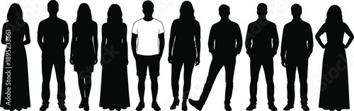 Diverse group of people silhouettes standing in a row, one individual highlighted, representing leadership, diversity, individuality, teamwork, and social contrast on white background