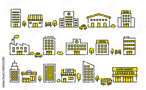 黄色と黒の家と建物のアイコンセット