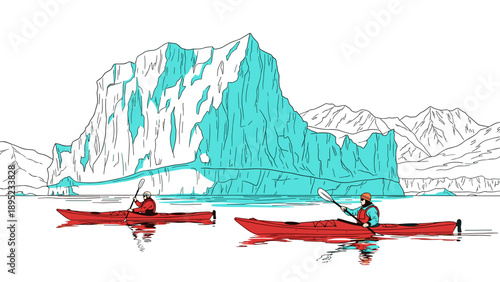 Adventure kayaking near iceberg with majestic mountain scenery