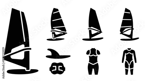 Windsurfing silhouette icons set: sailboard, equipment, and apparel