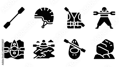 Set of modern kayaking icons in black silhouette style
