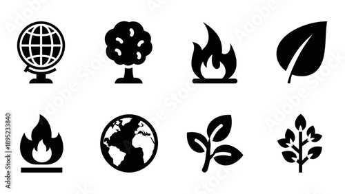 Eco-friendly silhouette icons: earth, fire, water, air symbols for sustainability and nature designs
