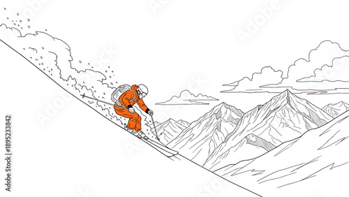 Dynamic line art of skier on mountain slope with majestic peaks and flowing clouds