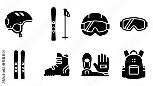 Ski equipment icon set: helmets, boots, and backpacks in bold black silhouette design