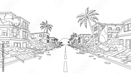 Earthquake aftermath with damaged buildings on urban street