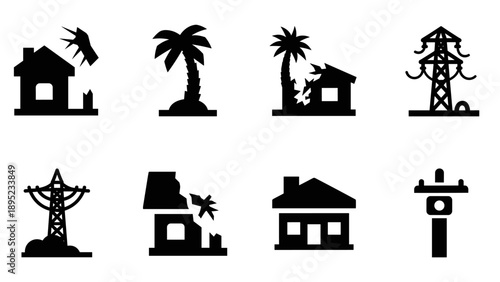 Silhouette of natural disaster icons: earthquake, cyclone, power outage, tornado