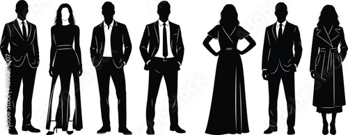 Elegant business people silhouettes in formal suits and dresses standing together, representing corporate team, professional diversity, leadership, and modern 