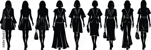 Elegant women silhouettes walking together in a straight line, stylish dresses and handbags, representing female fashion, confidence, unity, diversity, and modern lifestyle concept on white background