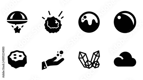 Monochrome space and nature icons: meteor, planet, and more
