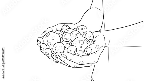 Hands holding adorable cartoon moons with faces