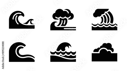 Minimalist wave icons: black silhouette ocean designs for creative projects