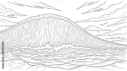 Detailed line art of ocean wave with clouds and birds in sky