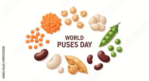 Vector illustration of various nuts and beans arranged in a circle for World Pulses Day, featuring peanuts, beans, and other healthy food options on a clean white background.