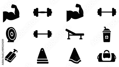 Bold gym silhouette icons featuring dumbbells, weights, and fitness accessories