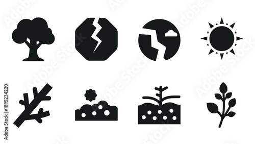 Nature and environment icons: silhouettes of trees, sun, and growth symbols