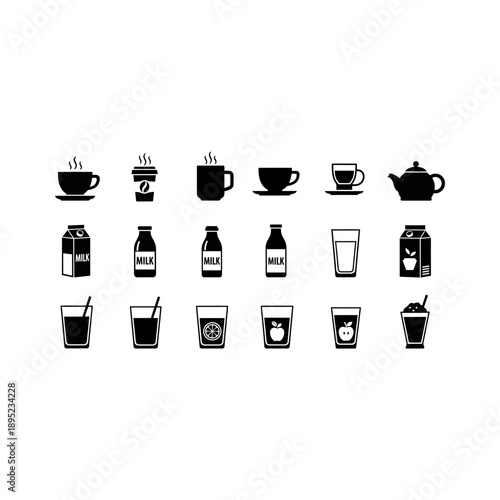 Collection of beverage icons featuring coffee, milk, and various drinks in different containers and styles, illustrated in black on a white background