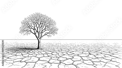 Leafless tree in barren landscape with cracked earth under clear sky