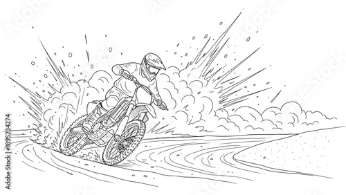 Dynamic line art of motorcyclist riding off-road with dust trail explosions in action-packed adventure scene