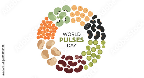 Vector graphic illustration for World Pulses Day featuring a circle of various nuts and beans on a white background, promoting healthy food and nutrition.
