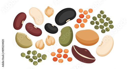 Vector graphic illustration of various nuts and pulses, including peanuts, beans, and peas, celebrating World Pulses Day with a colorful and healthy food theme.