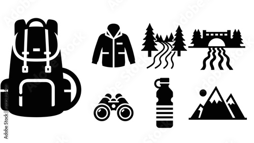 Camping adventure icons: gear and nature elements in simplified design