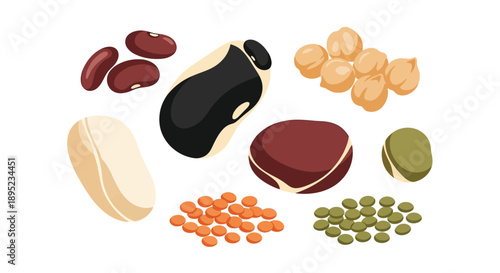 Vector graphic illustration of various nuts and pulses for World Pulses Day, featuring peanuts, beans, and almonds on a healthy food theme with a clean design.