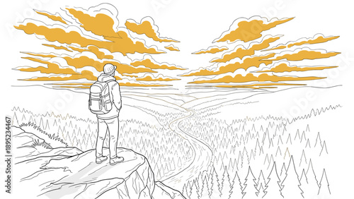 Wanderer viewing scenic horizon from hillside with vibrant clouds and river